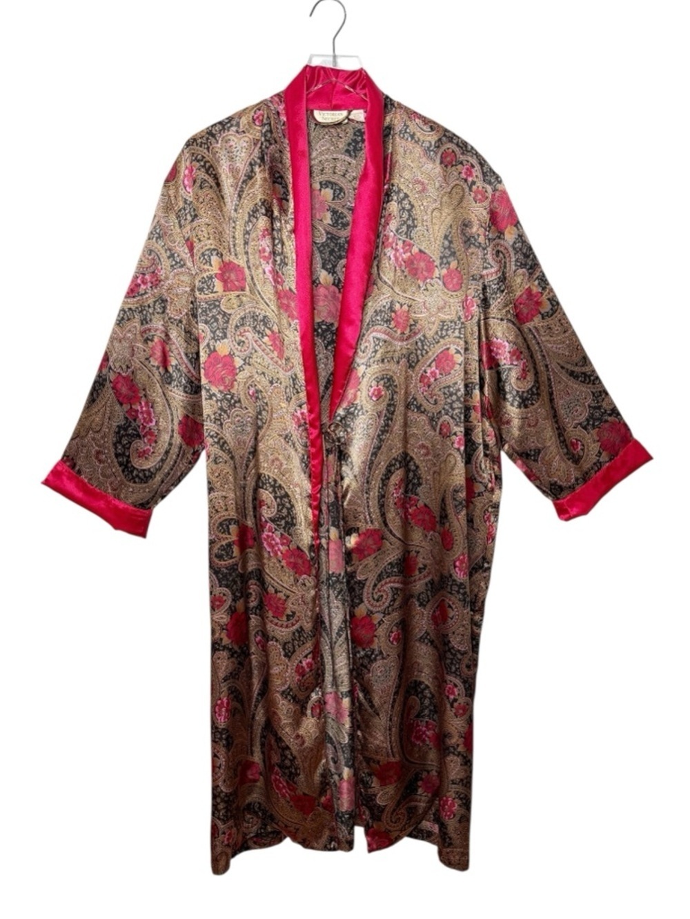 Vintage Victoria’s Secret Satin Rose Print Red Trim Paisley Women’s Robe Sz M/L